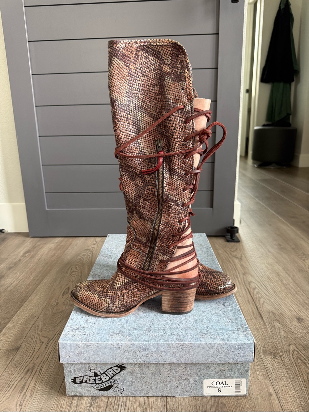 freebird Brown Pink Multi Snake Lace-Up Knee Boots - Picture 4 of 6